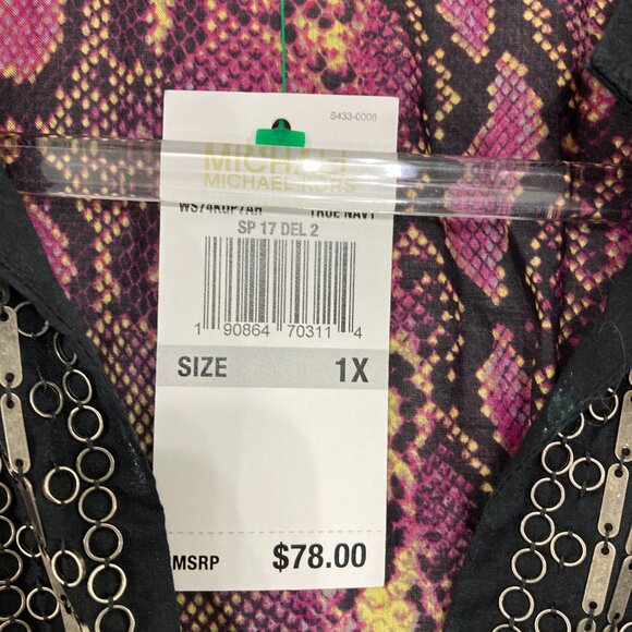 New Michael Michael Kors size 1X Purple Black Split Neck Reptile Print Boho Top - Picture 3 of 11
